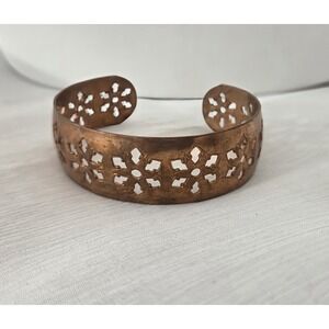 Vintage Copper Bangle Wide Cuff Bracelet Cut-out Flower Design Women's